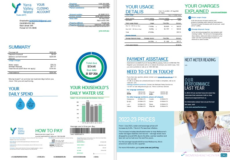 Melbourne Yarra Valley Water water business utility bill Word and PDF formats, 2 pages